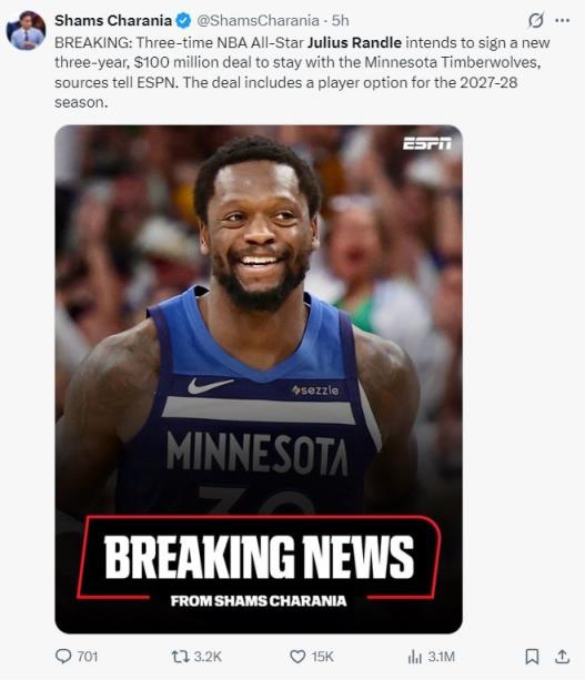 蘭德爾雷霆合同縮水引熱議 美記曝真相稱超值續(xù)約